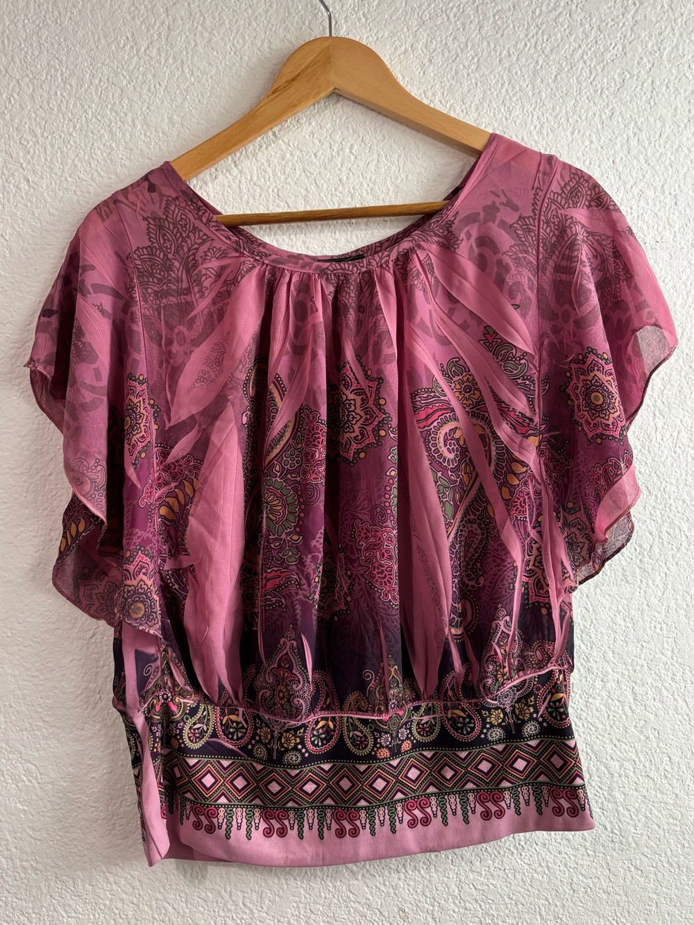 Y2K LOLLOL Women's Pink Printed Flutter Sleeve Top Semi Sheer 2XL